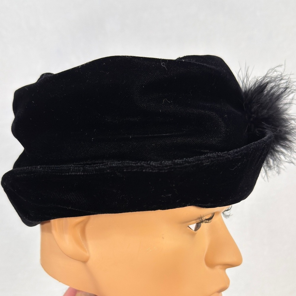 Two Girls N.Y.C. Women Velvet Feather Pillbox Hat OS Black Vintage Retro Formal